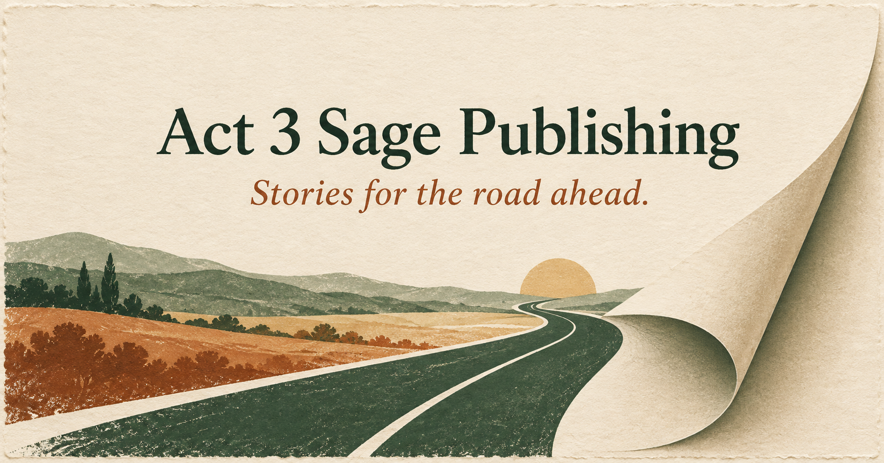 Act 3 Sage Publishing — Stories for the road ahead, illustrated as a road becoming a turning page